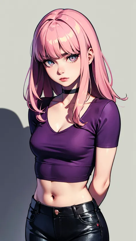 (masterpiece, best quality:1.4), official art, absurdres, vivid colors, looking at viewer, girl, asian , long pink hair, beautiful eyes, tight crop top, tight pants, choker, navel, slender, big breasts, cleavage, (arch back), small head, sharp focus, dynam...