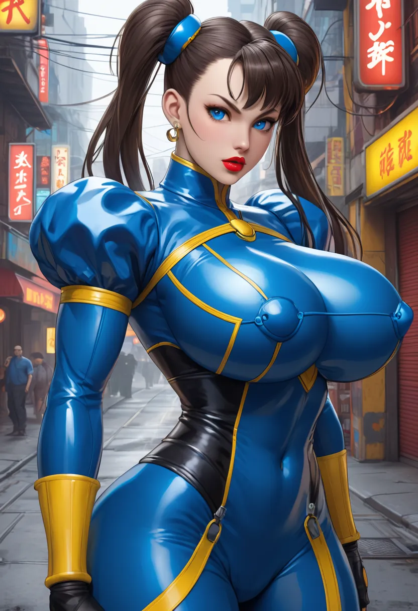 Female character Chun Li street fighter cyborg blue eyes red lips with blue clothes yellow latex details, in a cyberpunk world (gigantic breasts)