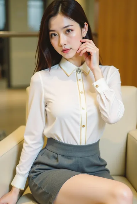 a young woman seated on a light-colored chair in an indoor setting, likely an office or lounge. She has long, dark hair styled neatly, and her expression is poised and confident. She is dressed in a professional yet stylish outfit, consisting of a white bl...