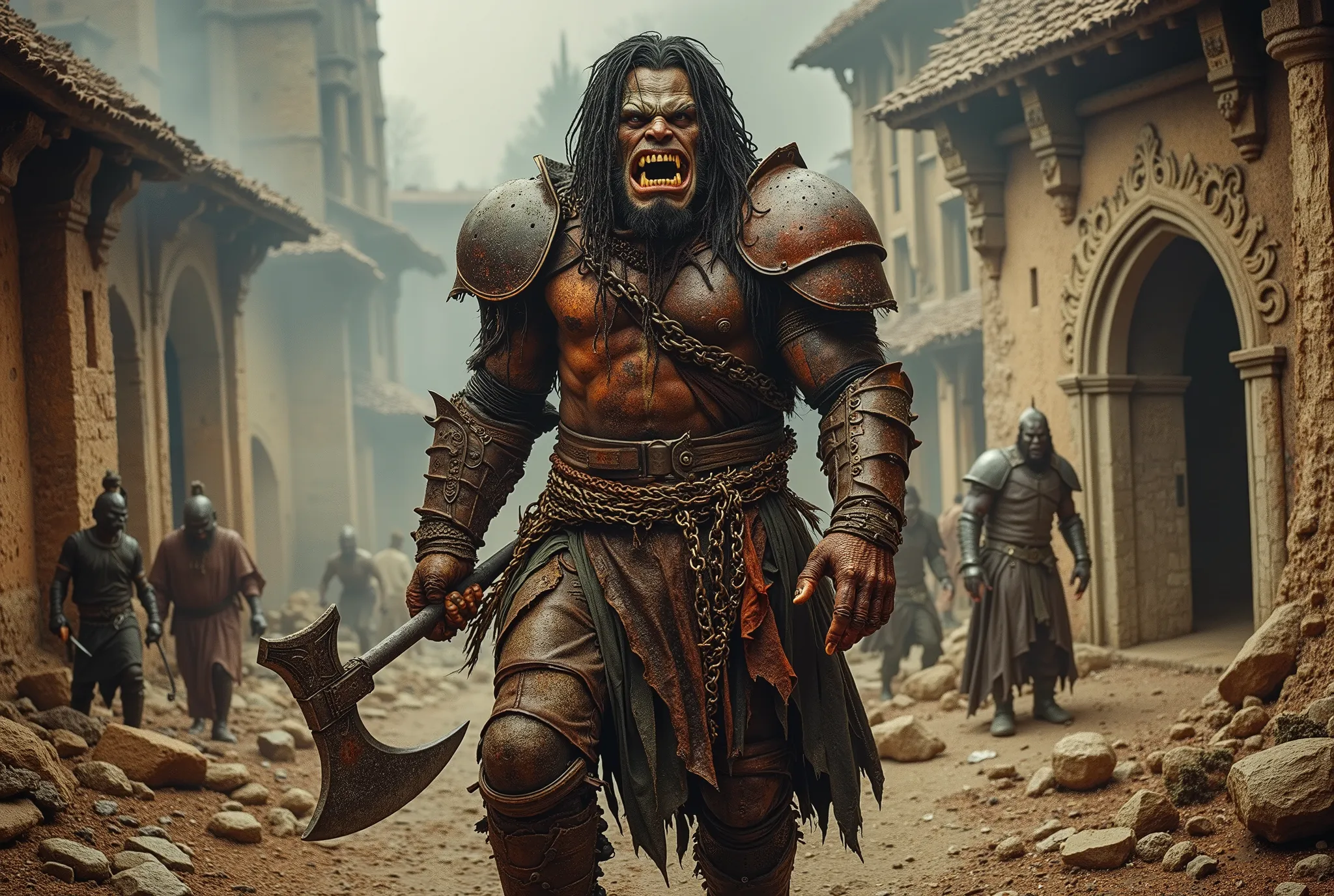 Depict a highly realistic full-length portrait of an angry African orc, clad in loose ill-fitting rusted chain armor and leggings. His dark dreadlocks add an air of anger and danger. His sharp bloodstained tusks add to the horror. The armor is rusted iron ...