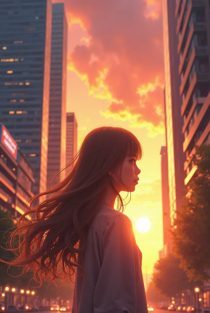 Sunset, city, mall, long-haired girl