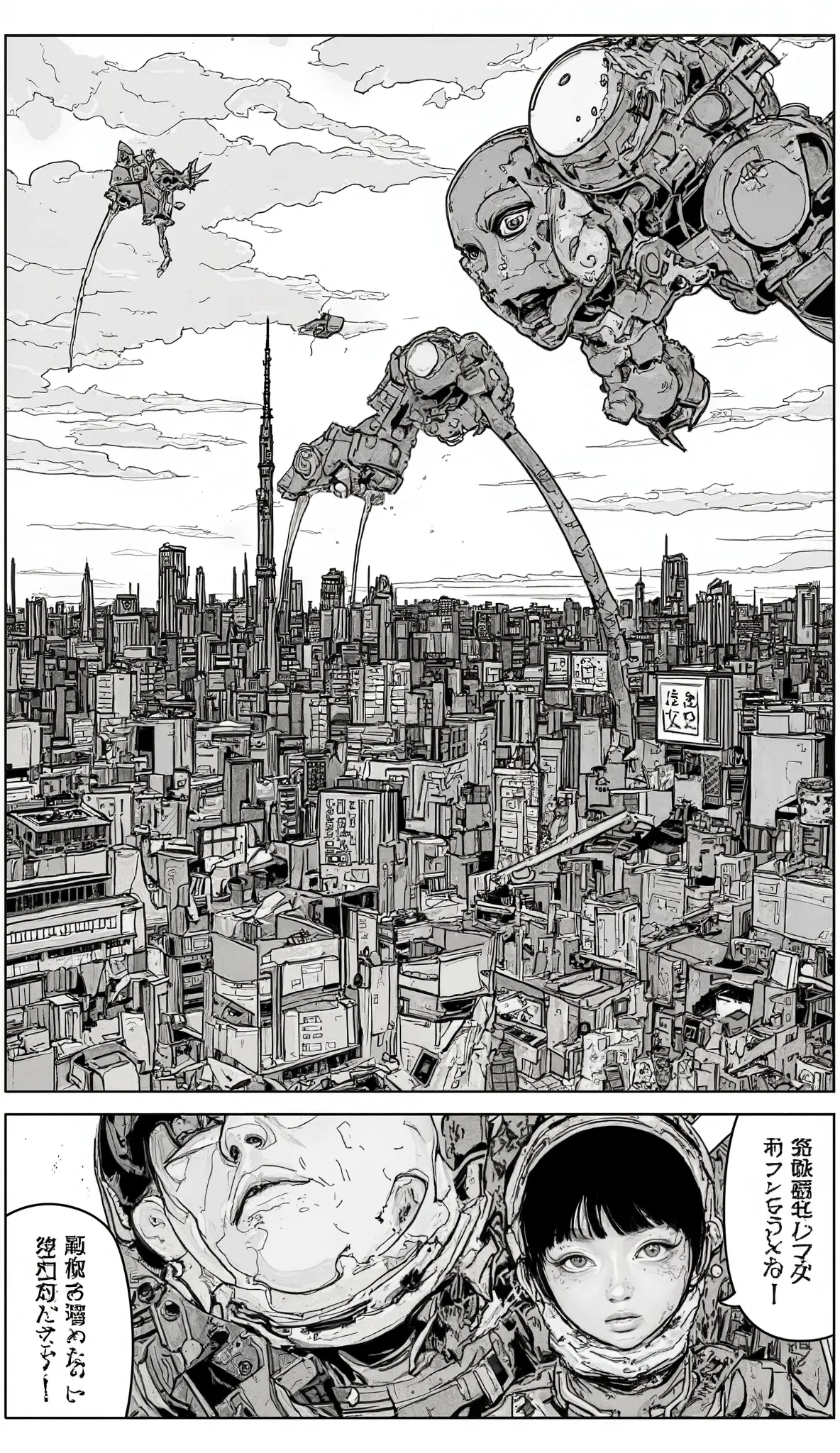 COMIC PANEL INSPIRED BY。A comic strip with pictures of the city of Tokyo, Otomo Katsuhiro,  reddit ,  self destructive art,  Destroying the City scape, 白黒Manga panel, Otomo Katsuhiro style, in style of katsuhiro otomo,  Manga panel,  black and white manga ...