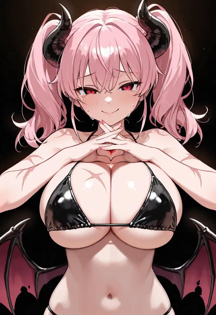 (Masterpiece:1.0),(Highest_quality:1.0),  Official Art,  Ultra-fine ,  absurd,  More Details , 1 girl in the bush, succubus , Detailed wings,  Demon's Horn ,  Seductive Poses, Shining Eyes, Bikini,  Dark Background ,   intricate details,  red and black col...