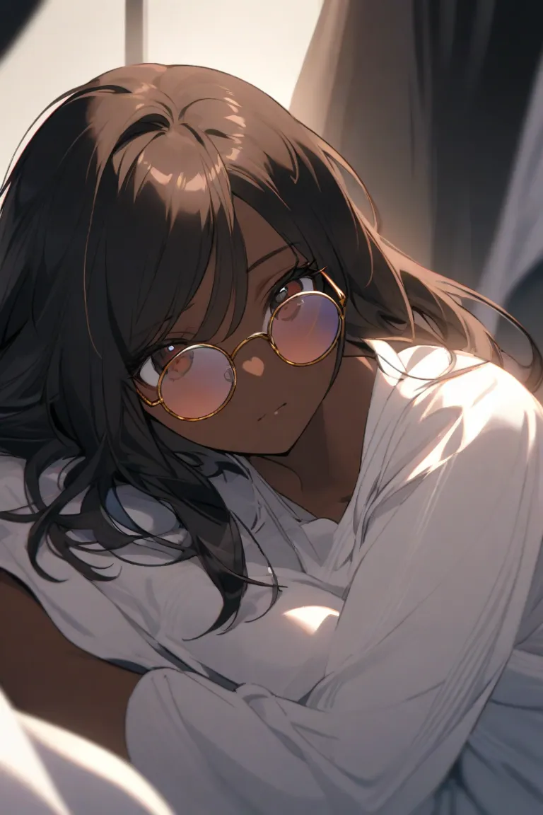 A 19-year-old young woman with warm brown skin and straight black hair, slightly messy, falling gently over her shoulders. She wears round sunglasses with dark lenses and a thin golden frame, reflecting the light around her. Her expression is calm yet carr...