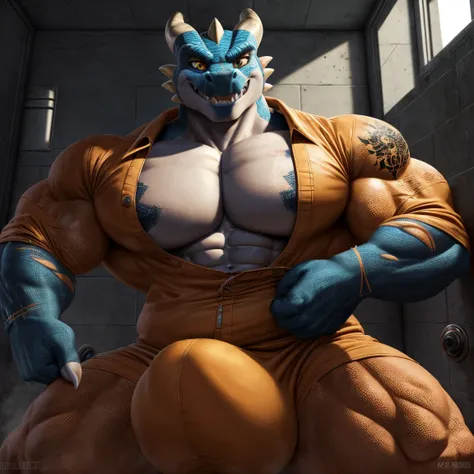 Prison setting, prison cell, dragon and kobold, orange clothing, prison jumpsuit, flex, muscular, barazoku, evil grin, torn clothing, huge bulge, scar, tattoo, thug, translucent_clothing, (Sharp focus, masterpiece, 8k, intricate artwork, hyper detailed, hi...