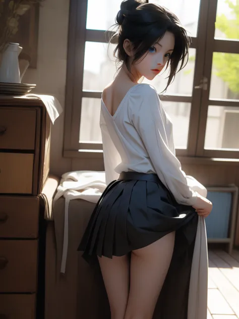 Female, 25 years old , Anime Girl, bungs,standing behind,Kubby,Dynamic Angle Break (closed mouth),  black hair, blue eyes, white panties, to shoulders, to shoulders background, , Bottomless, chest, closed mouth,No., How, Dutch angle, erections, hair betwee...