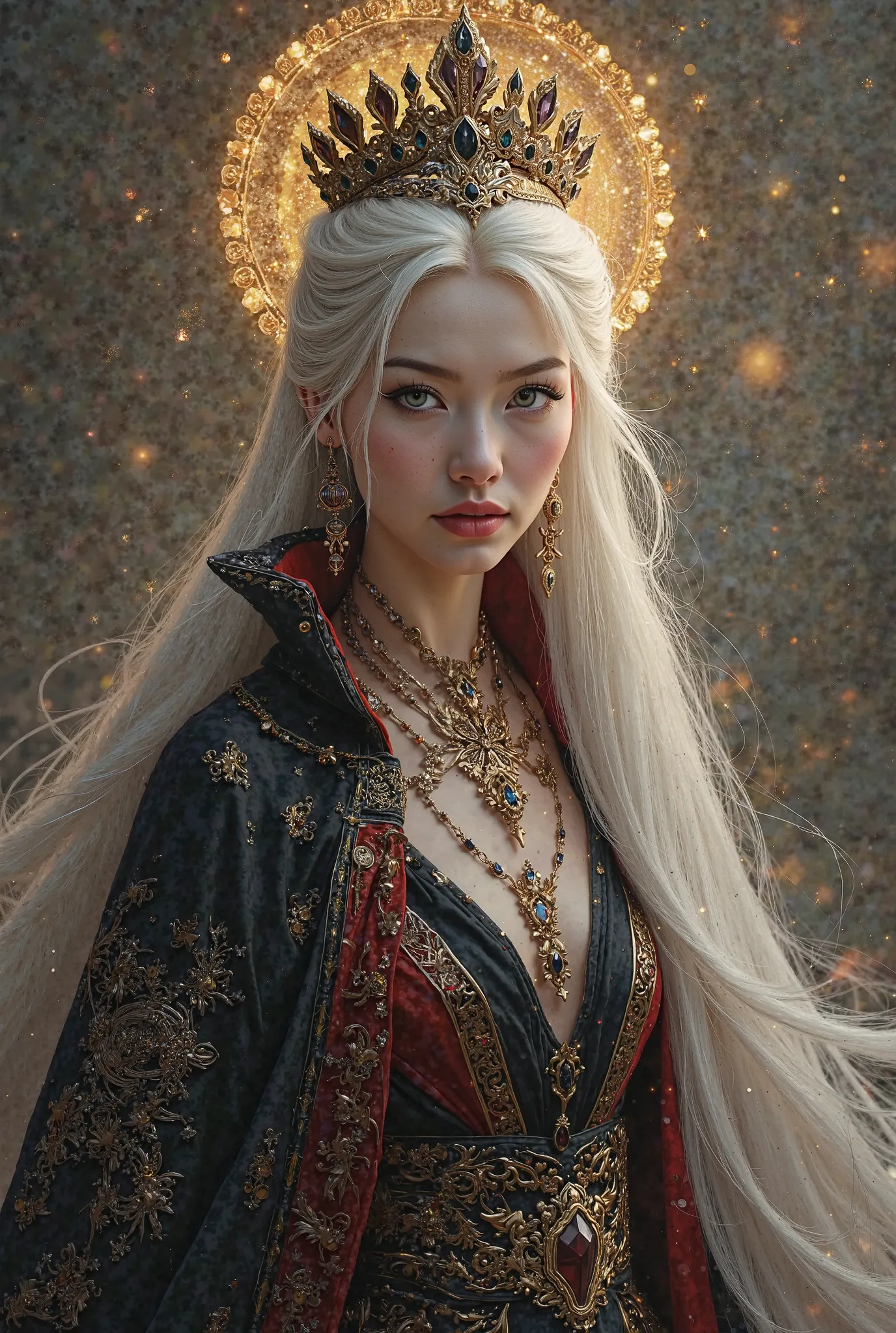 Empress Ruthless — a realistic detailed description

1. Face and expression:

that has sharp and charming features, of cold beauty and is devoid of feelings..

. Her eyes are glowing gold, reflecting wisdom and absolute strength, and looking like she can s...