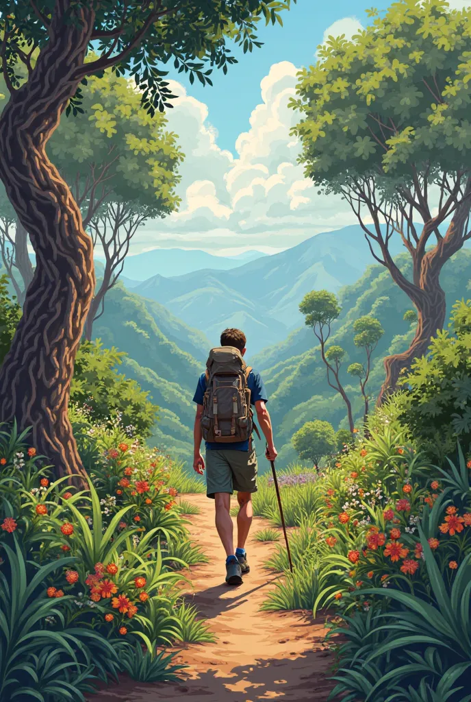 Simple drawing of a hiker on the trail , surrounded by vegetation from the Cerrado.
