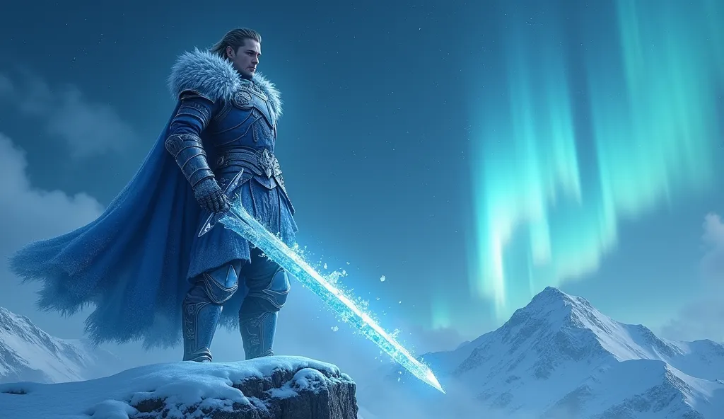 "On top of a snow-capped mountain, a warrior in detailed blue armor stands tall with a firm stance. His new suit is reinforced with metal plates and reinforced fabric, reflecting his evolution as a leader. He holds a sword of pure ice, with translucent fra...