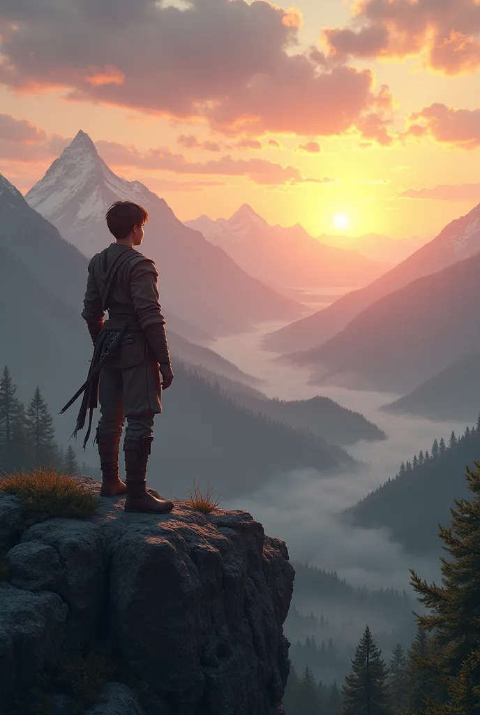 Young warrior dressed as an apprentice standing from a mountain watching a beautiful sunset and beautiful landscape