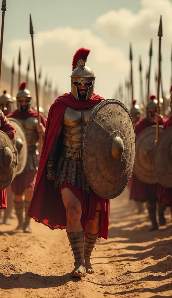 "A disciplined formation of Spartan warriors training in perfect synchronization under the blazing sun. Clad in crimson cloaks and bronze Corinthian helmets, they stand shoulder to shoulder, their massive round shields interlocking into an impenetrable wal...