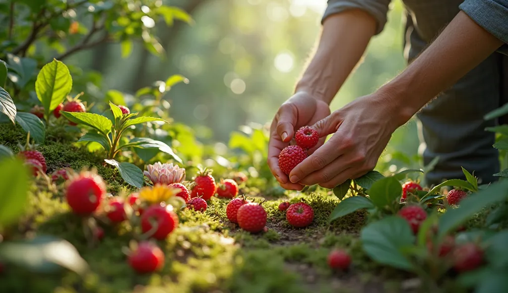 Collecting fruit: First-person view as you walk through the forest, picking fruit from trees and shrubs. Feel the freshness of the morning and the smell of the plants around you.