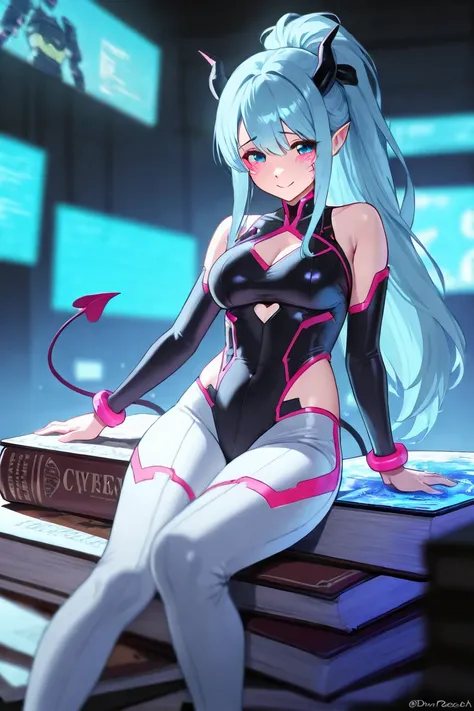  Shy newbie Succubus, Smile,BLOW-UP COSTUME, Sitting on a book,  Cyberpunk, High-tech graphic design, depth of field, Scatter, Dreamy peach atmosphere