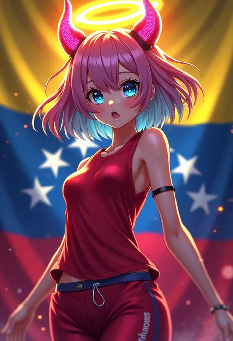 1 anime girl, neon LED hair color yellow, blue shiny eyes,red sports pants, sleeveless red shirt,neon horns red shiny, halo yellow shiny,(Venezuelan flag in the background)