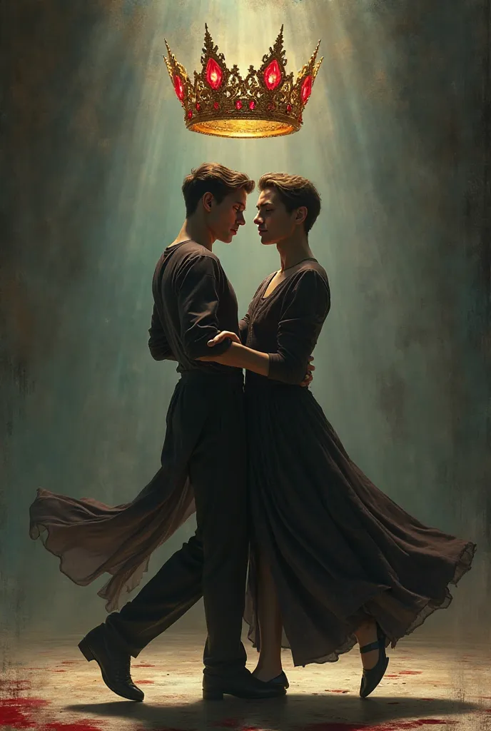 Two boys dancing tango with a floating crown in their midst, while they are like going around in circles. The crown is deep gold with Ruby and a little bit of blood. 