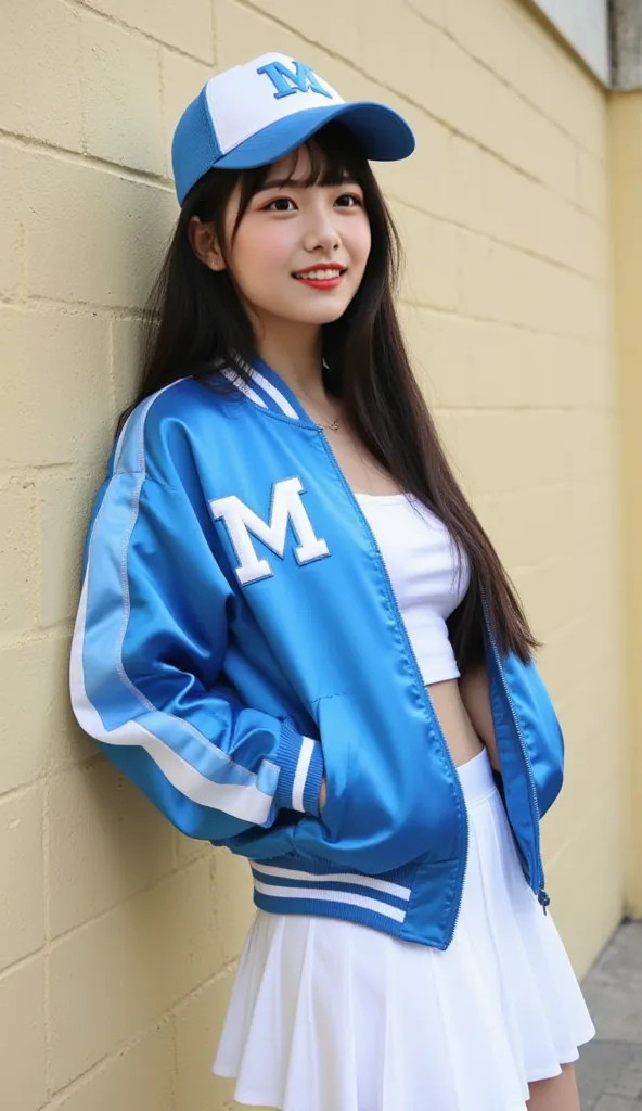 Young woman, late s to early twenties,  with long black hair and big breasts, wearing a blue satin bomber jacket with white stripes along the sleeves and "M" embroidered on the chest,  matching the  letter "M" in the same color and style.  She wears a whit...