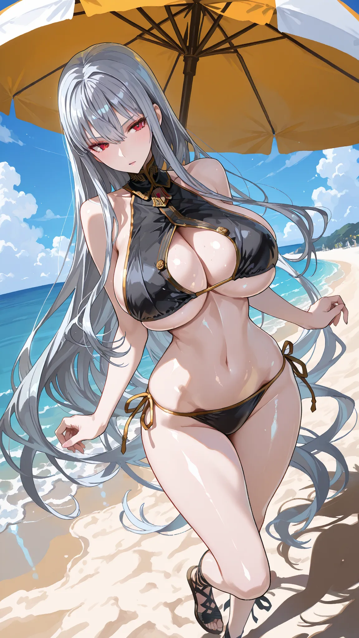 (masterpiece),(best quality), ultra-detailed, full body view, dynamic angle, (best illustration),(best shadow), 1girl, selvaria, curvy, shiny skin, detailed skin, very long hair, grey hair, perfect eyes, (huge breasts, narrow waist), black bikini, halter n...