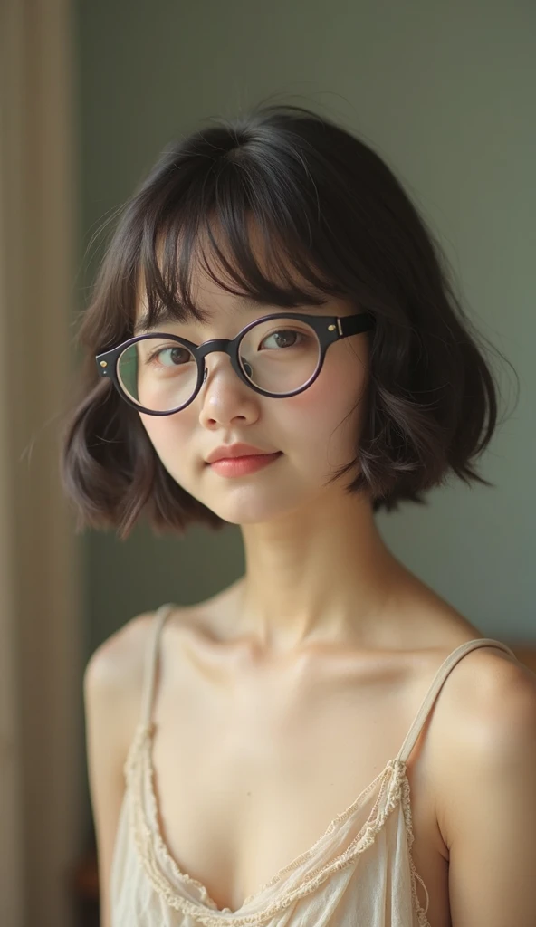   live action，cute，small round glasses with black frame，Very Lolita，， bob cut and unkempt hair ，Very petite， slightly ornate ，Very small face， very baby face，very young face ，Very raccoon face，round face，Light-pigmented white skin ，Very fair，Healing， gentl...