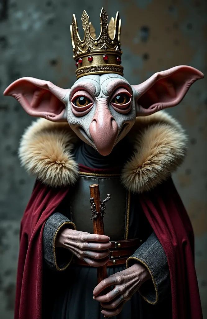 View from front, he look at camera, the creature Dobby ((((human mouth, pointed noze)))), walking (((()))) wearing ((((medieval king armor and big cape with large collar and fur and a crown inspired by harry potter lore holding a magic wand))), in hogward ...