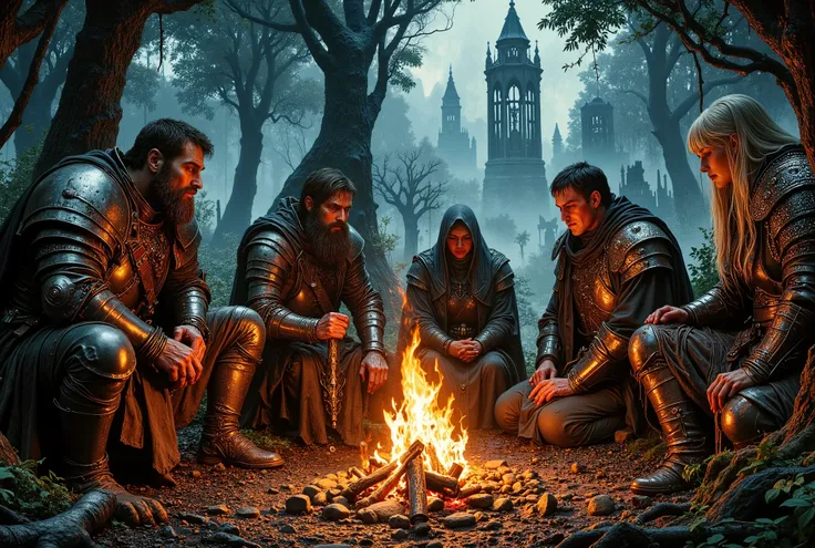 Depict a highly realistic full-length portrait of a group of adventures. They are 3warriors dressed in chainmail and 1 female paladin dressed in full plate and 1sorceress dressed in silks. They are sitting around a campfire. They are are cold weary muddy a...