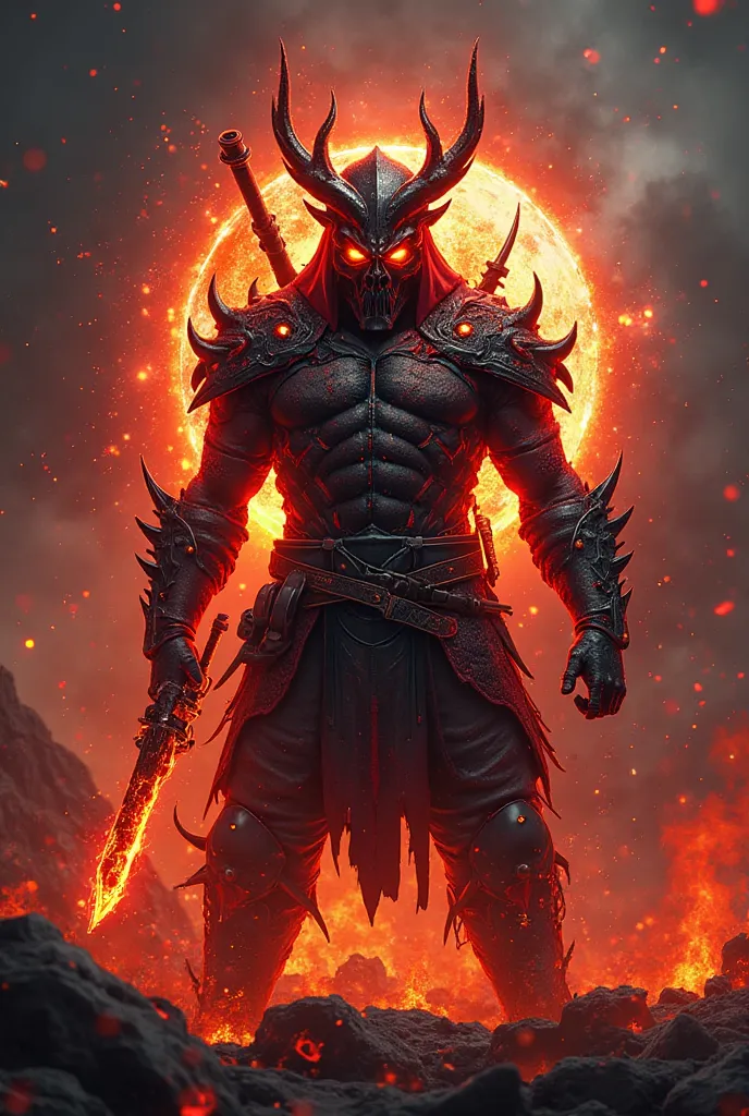 "Design a **terrifying Free Fire-inspired logo** featuring a **demonic warrior clad in a hellfire-infused battle suit**, glowing with **crimson and black molten cracks**. The character wears a **spiked infernal mask**, with **flaming horns and glowing red ...