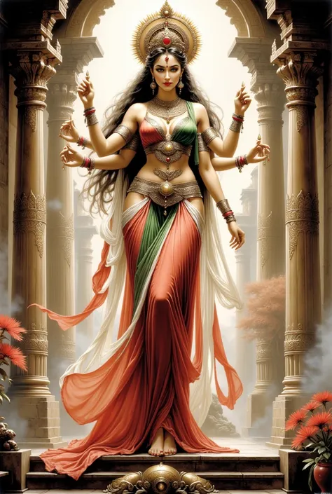 Hindu crowned goddess saraswati, lakshmi, parvati standing full body with four arms in red, white, green saree, background a big temple