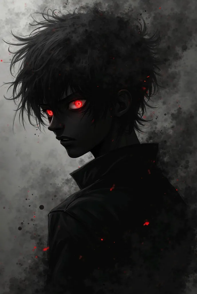 As a age boy anime , That he has his whole black body , Let it literally be a dark shadow with black smoke dripping all over your body, only that you can see his dark red eyes but that you see the figure of a age boy but black and with dark red eyes, looki...