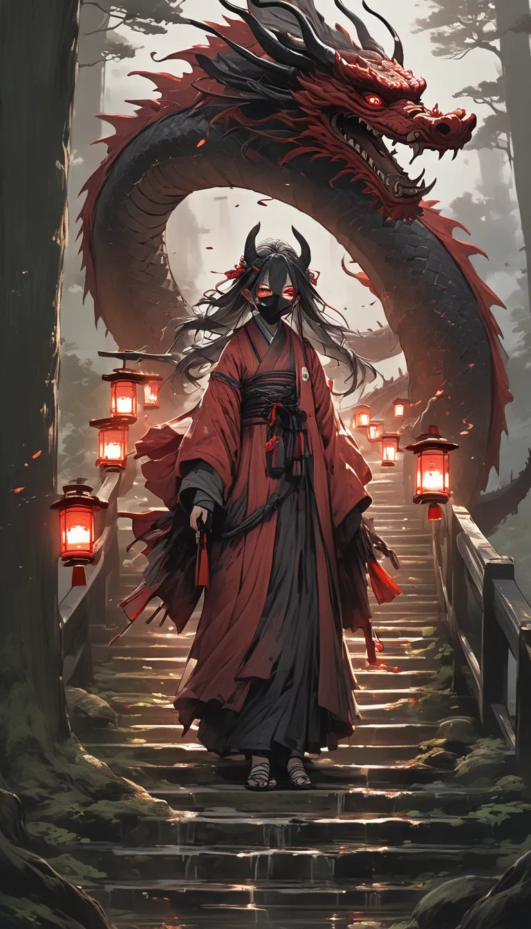 a spirit  ,spectral,  standing on a red bridge with lanterns on the sides with candles , Japanese-style pillared bridge  ,  in a forest of bonsai trees and a ravine on the other side ,Elder Dragon,red rays,  floating on the bridge  , long,  broken black ro...