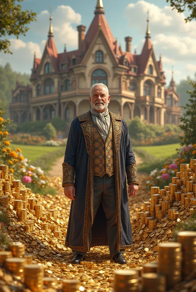 Rich farmer and gold coins around him and a big house behind and a rich hen