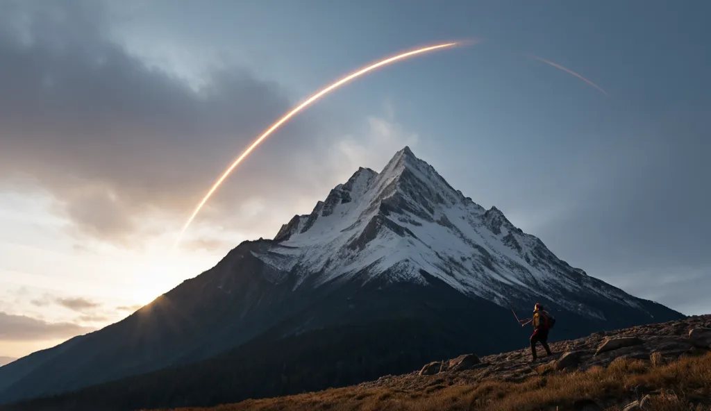 "Create a vibrant, impactful image for a motivational video about resilience. In the center, a person climbing a steep mountain, arms outstretched in victory, under a sky that transitions from dark tones (base of the mountain) to bright, light colors (top)...