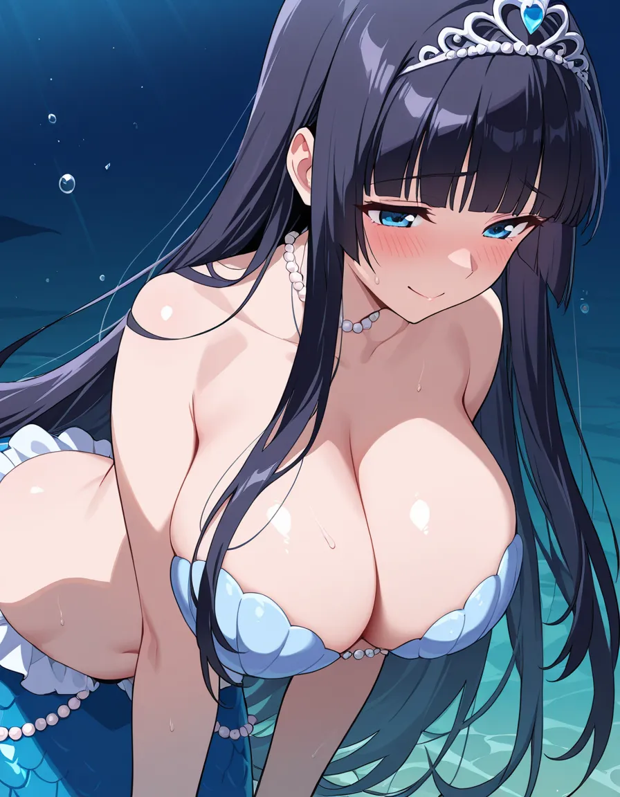 Score_9, Score_8_up, Score_7_up, source anime, anime coloring, best quality,masterpiece,1girl,black hair, super long hair, shiny hair, blunt bangs, hime cut,huge breasts, mermaid,Sea shell bra,Princess Tiara,Pearl decoration,jewel decorations, smile, blush...