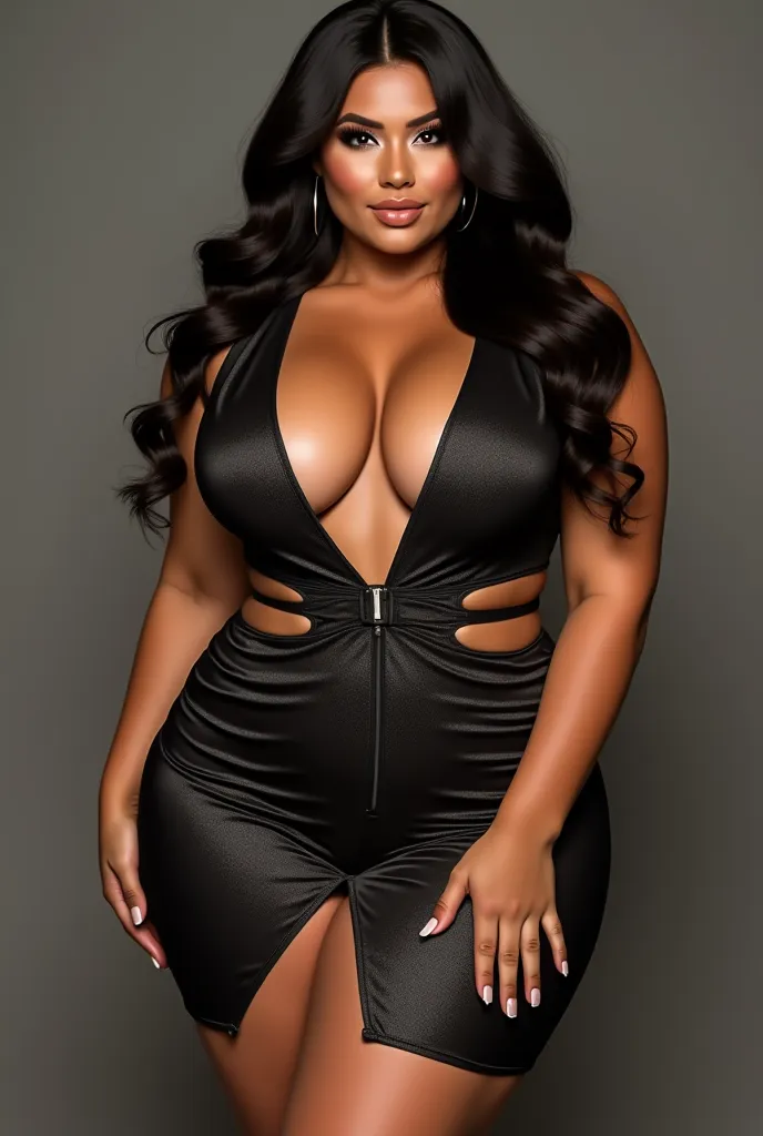 "A breathtakingly voluptuous 19-year-old woman with a curvy, figure (38C bust size, soft thick thighs, and a plush hourglass shape) dressed in an ultra-glamorous, revealing outfit. Her sultry, body-hugging mini dress is designed to flaunt her curves—deep-c...