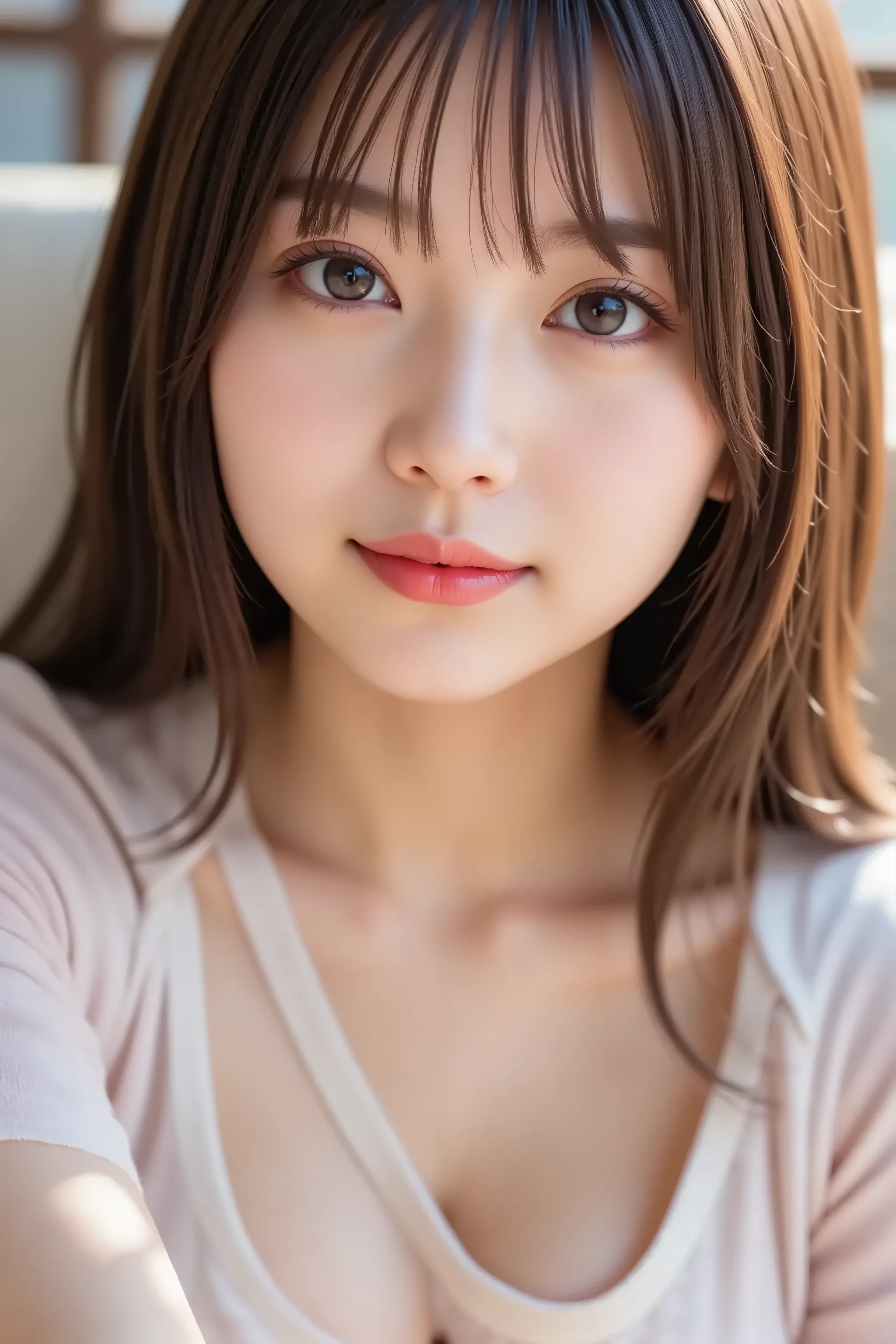 The face is positioned exactly in the center of the image , sitting on the floor hugging knee , 's entire head is fully reflected , The entire face and head are clearly visible, bungs, smile, Young and cute Japanese faces , Hi-Res CG Unity 8K Wallpaper, ve...