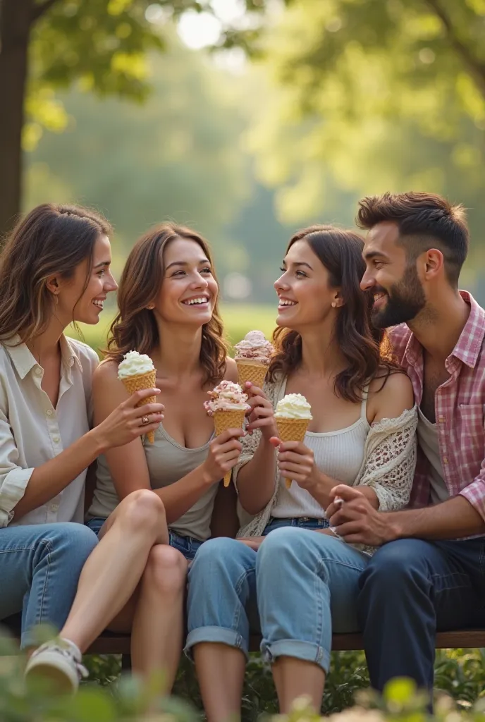 Group of 4 friends (2 women and 2 men) sitting on a bench, enjoying an ice cream