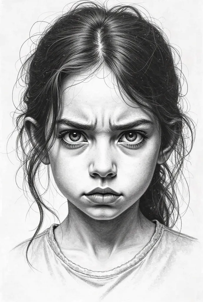 Realistic black and white drawing of the face of a slightly angry girl 