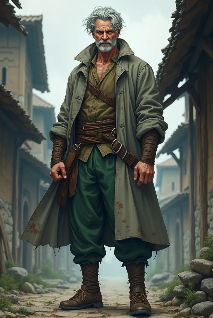 Make art with a middle-aged man ,with a gray raincoat and green pants from the Middle Ages, which is 2 meters and with a thin but athletic build, and in anime style