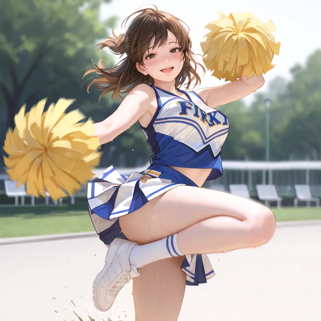 (masterpiece, best quality, ultra detailed, realistic), realistic,1 girl, Fair-skinned, blush, brown half updo, dark-brown eyes, cute face, large breast, smile, open mouth, (cheerleader, {cowboy shot, dancing, one knee up, standing on one leg|full body, ju...