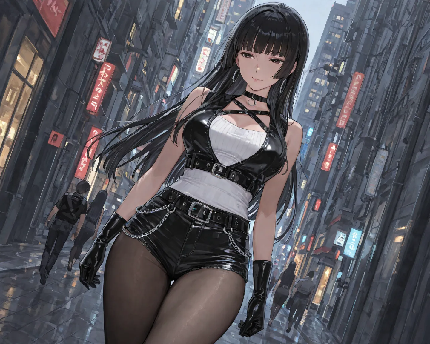 1 woman, adult woman, mature female, mature face, medium breasts, long straight black hair with bangs (hime cut), black denim micro shorts with a black belt and chains, sleeveless white top, almost transparent black tights, black choker, short black biker ...