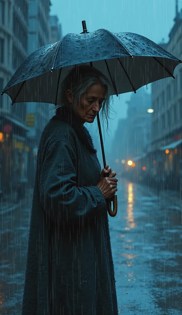 BLUE SUNSET RAIN AGE WOMAN WITH UMBRELLA CRYING