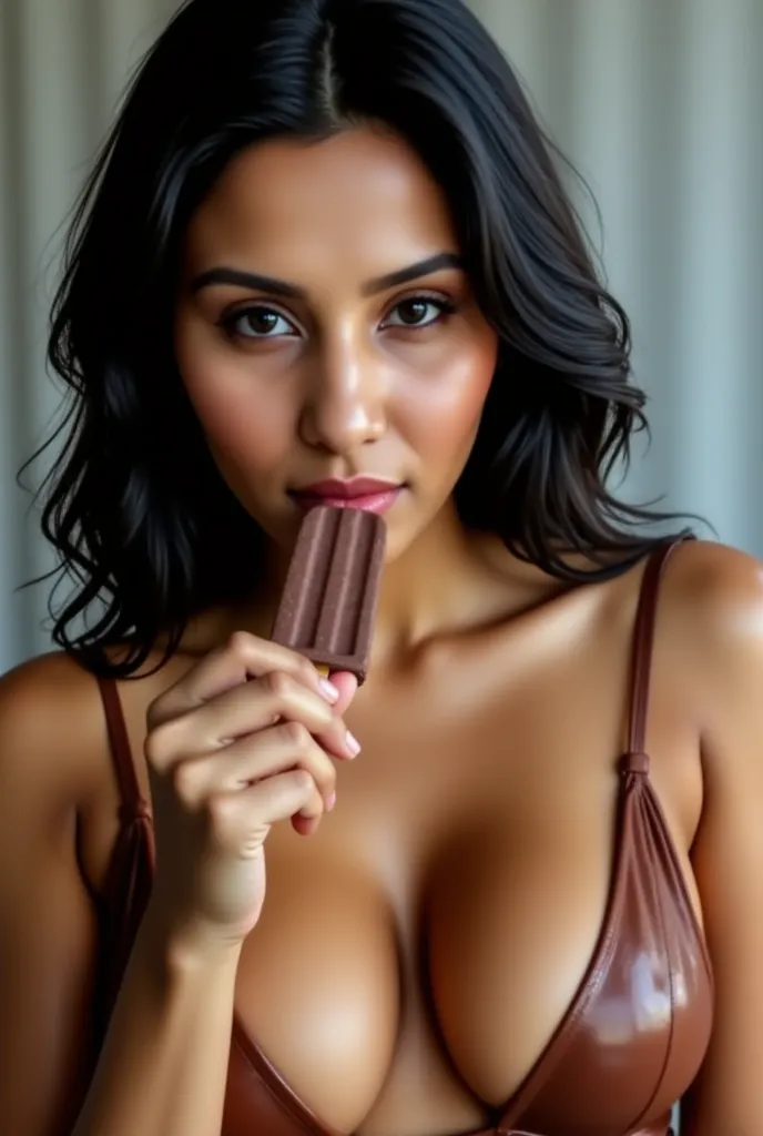 Masterpiece, closeup bust shot, sexy attire, wet body, ((selfie point of view)), sexy navel, free black hair#, indian, she is licking a chocolate bar popsicle