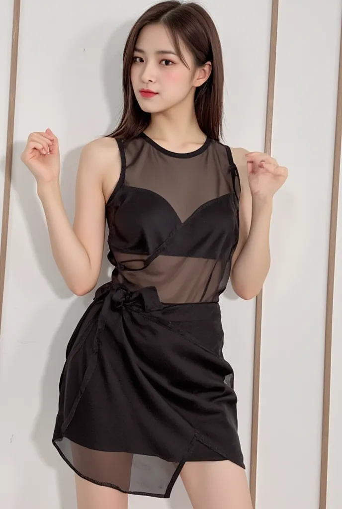 Beautiful Korean Woman, korean music star, transparent black dress ,  small tits , small brest, slim, line background, 