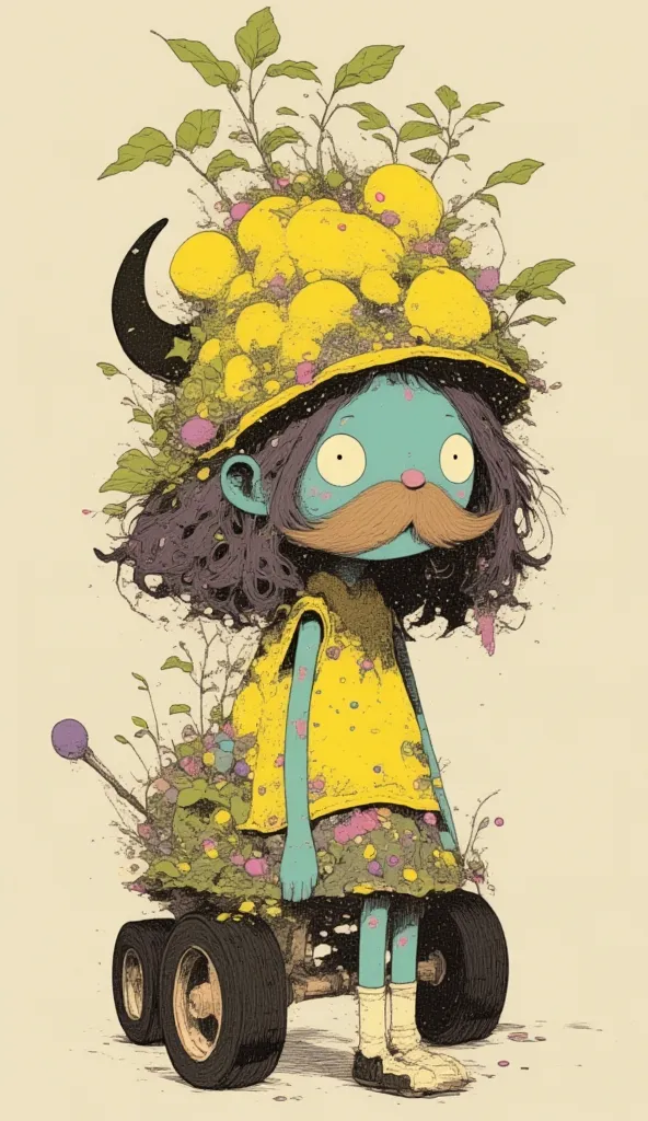 cute small lemons face, large tangerines fruit shaped hat with branches on top of the head.The hair is long, wavy, a one horn protruding from the forehead. hairy cyan blue skin with purple spots, person body. The base of Lemon's nose is adorned with a larg...