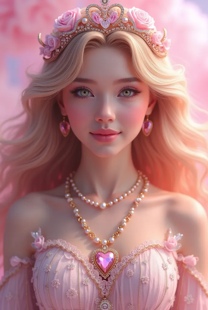 A realistic close-up of the goddess of love. radiating an aura of romance and warmth. She stands gracefully in a soft, airy pink state, giving her a natural beauty, and her lips are softly curved in a gentle smile, inviting trust and caution. Her eyes are ...