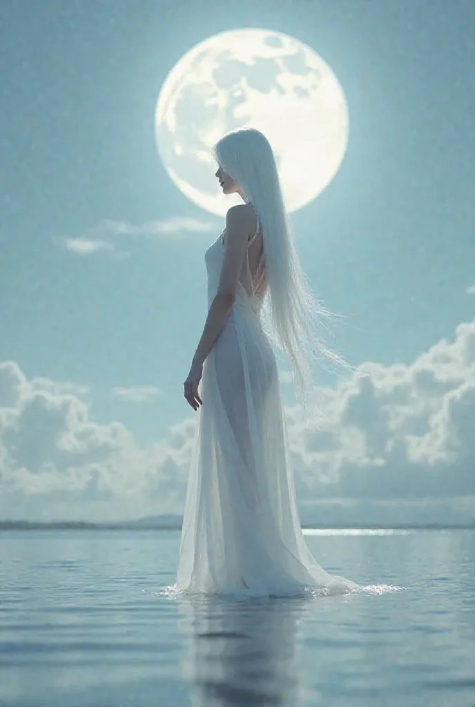 High 8k quality,china  girl with white hair, transparent  light white clothes open legs and boobs in no cover  ,queen , half body  stand looks me, stand in plain water reflects the Sky ,shine full  moon ,boobs see through dress 