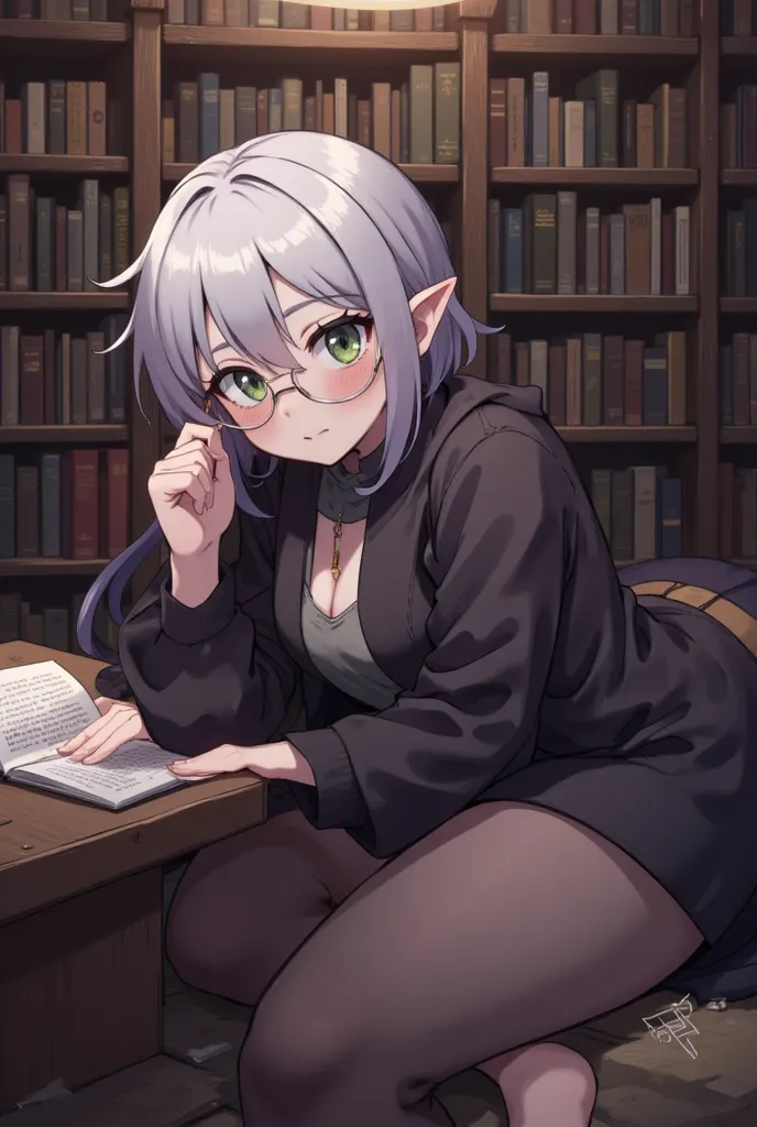  ((great quality)) (deatailed) 1 girl, short silver hair, black robe, in a library, elf ears, thick thighs, medium breasts, reading, detailed background, circle glasses, nice skin, peace sign, laying down, breasts showing, green eyes, full body, feet showi...