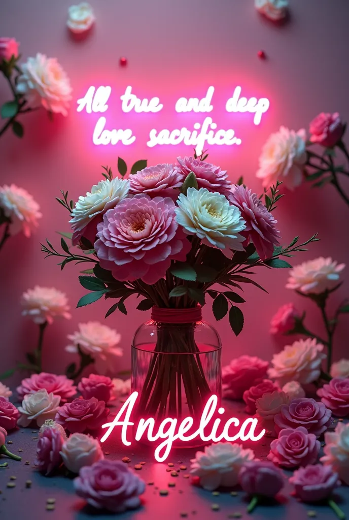 Background of very beautiful and colorful flowers, In the center a bouquet of beautiful flowers in 3d, From under the bouquet of flowers text "Angelica", in the background of the image text "All true and deep love is a sacrifice" with pink LED light