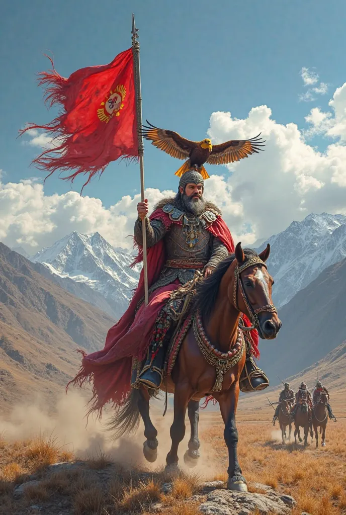 Kyrgyz ethno style , Manas and his 40 warriors, they have a red flag , Manas with an akula horse , and a golden eagle in his shoulder , majestic mountains  ,  the sky is blue  , with several white clouds,   and make the Kyrgyz flag visually visible but not...