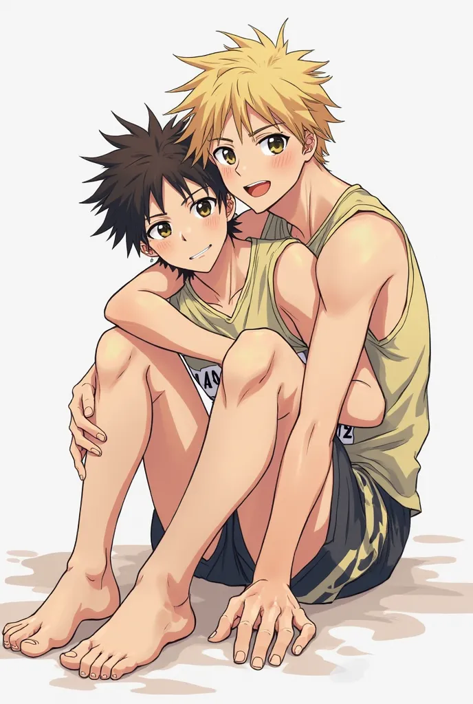 Create an image of 2 male volleyball players, similar to Kageyama and Hinata, from anime "Haikyuu!", in volleyball uniform but barefoot, so that a character like Hinata, hug a character similar to Kageyama, as if sitting on his lap