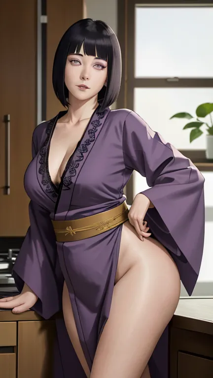 masterpiece, portrait of Hinata (Boruto),  A mature woman, standing in a modern and bright kitchen. She wears a long, elegant dark purple kimono with gold trim.. A black lace bra can be seen under the pajama kimono.  is barefoot.   Her gaze is directed dir...