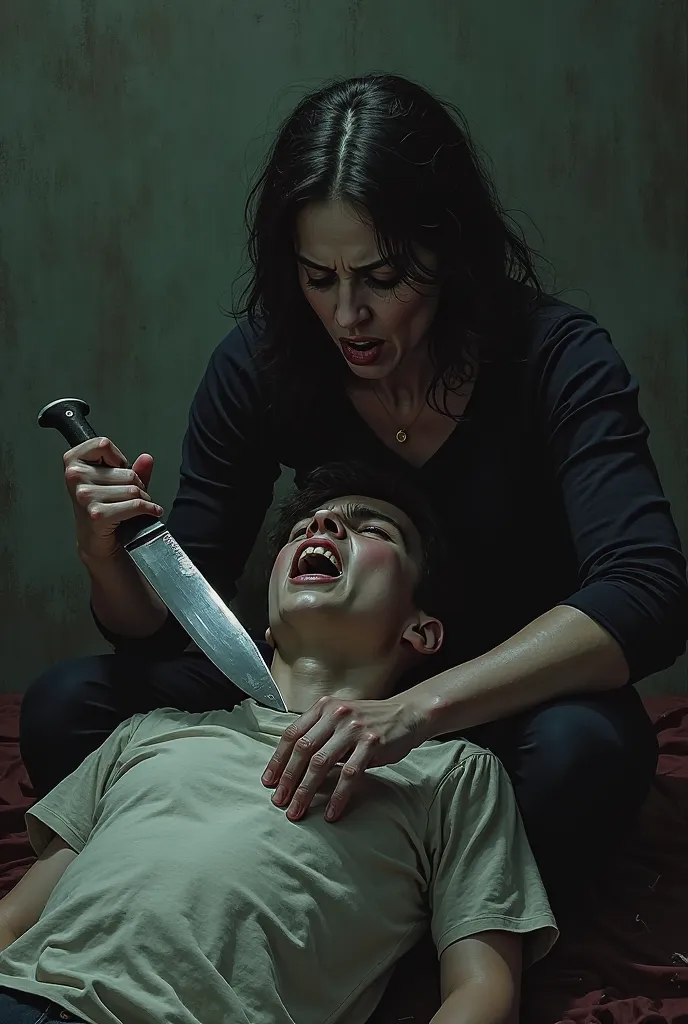 Mom sit on sons face while holding a knife 